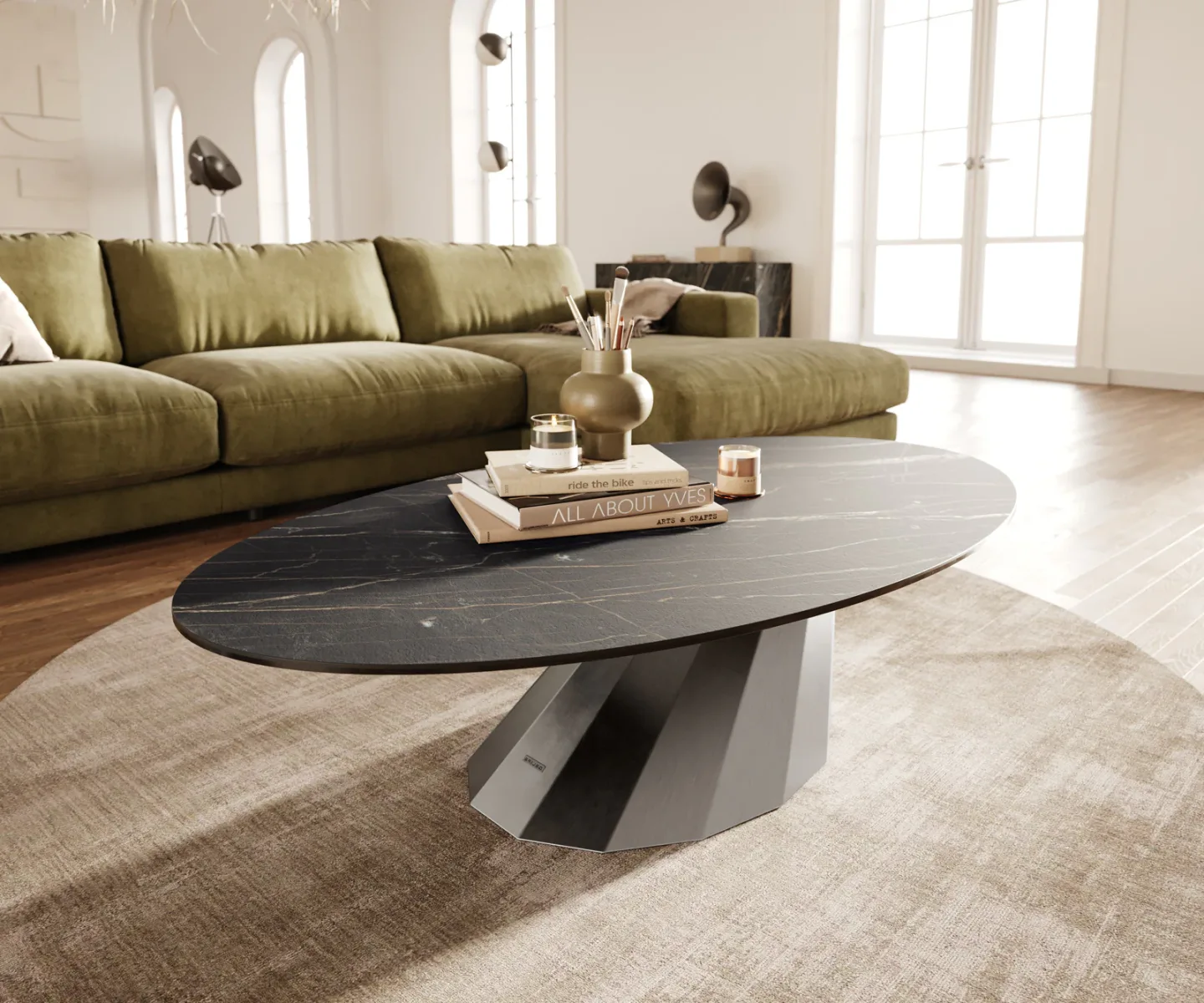 Couchtisch Edge Oval 140x80 cm Keramik Laminam® Noir Desir Braun Parabi Edelstahl gebürstet