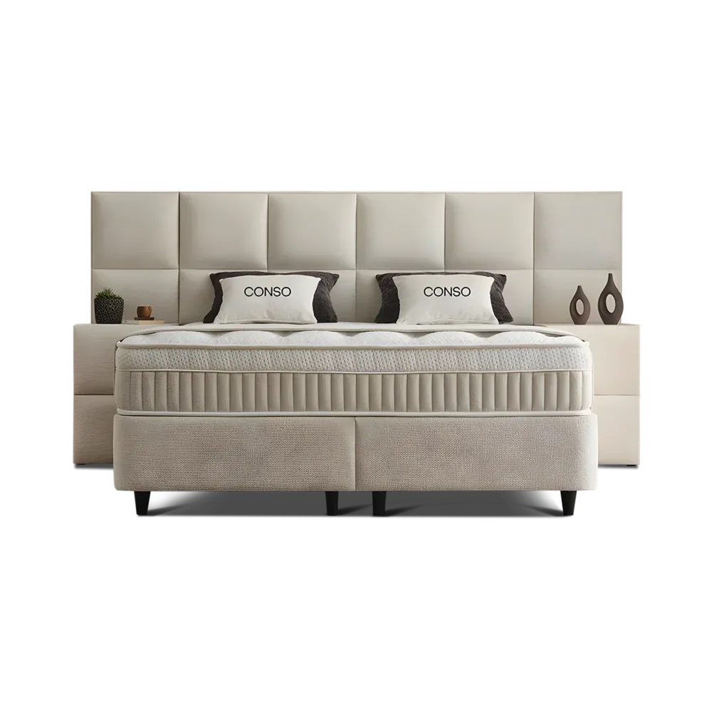 Premium Boxspringbett 180×200 komplett mit Matratze, Topper & Bettkasten, Stoff Beige, CONSO