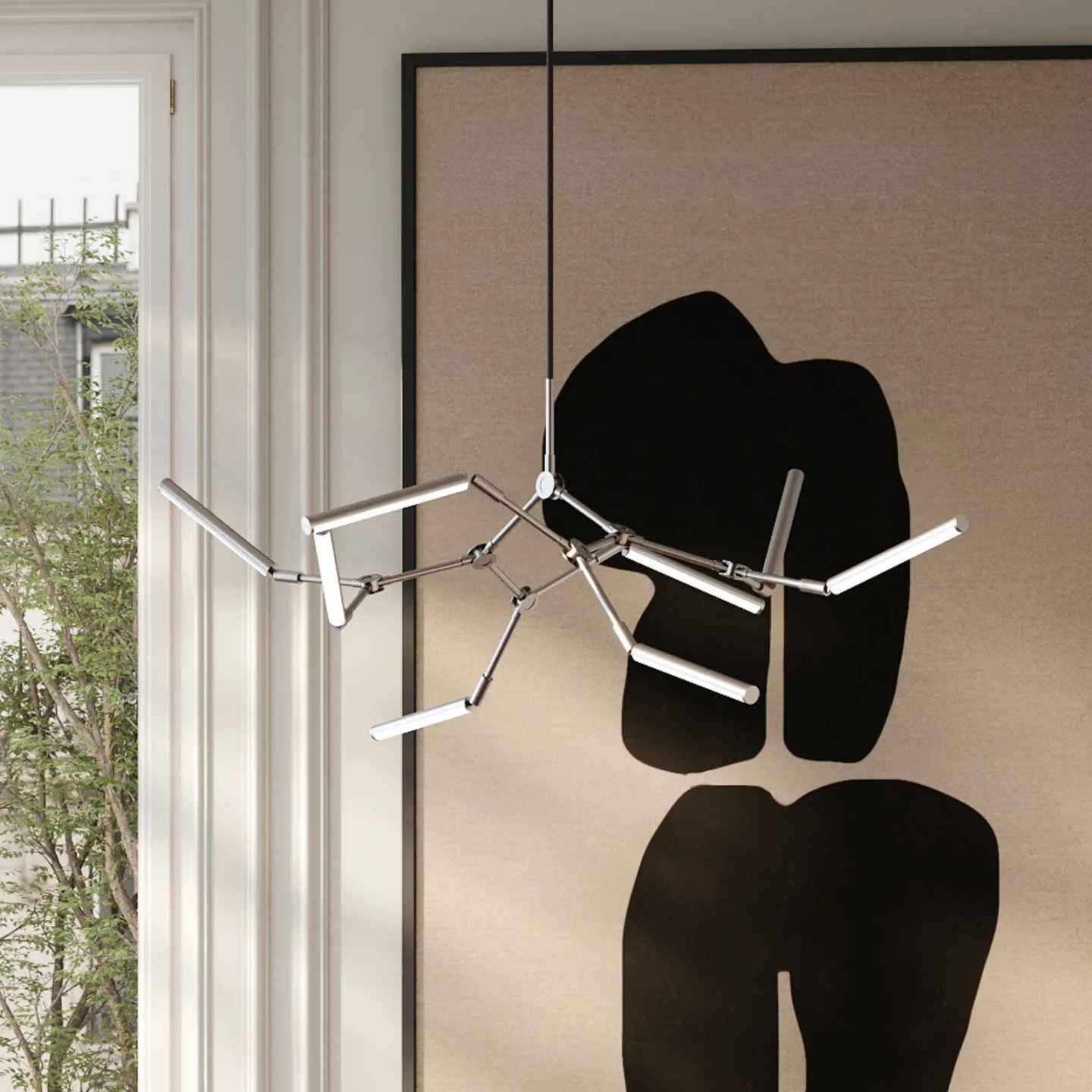 Stick LED-lysekrone krom, 124 cm, 8 lyskilder - 101 Copenhagen - Stue - Design - Aluminium - Med flere lyskilder