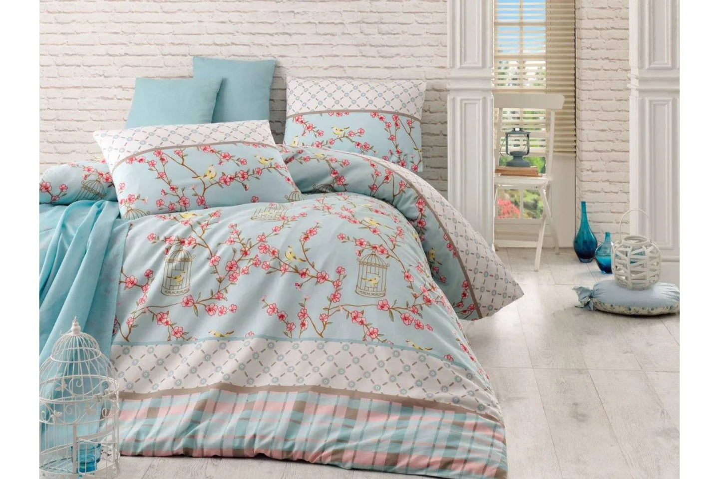 Eponj Home Bäddset Dubbelt 4-dels - Turkos/Creme/Rosa/Brun