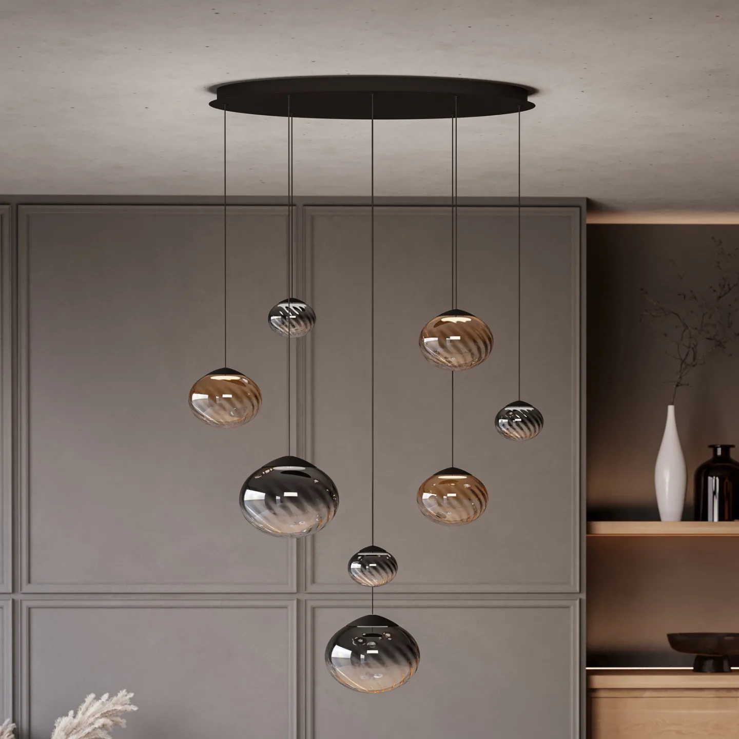 Pantoja hængelampe, sort/ravfarvet, 96 cm, 8 lyskilder - Stars of Light - Stue - Moderne - Glas - Med flere lyskilder