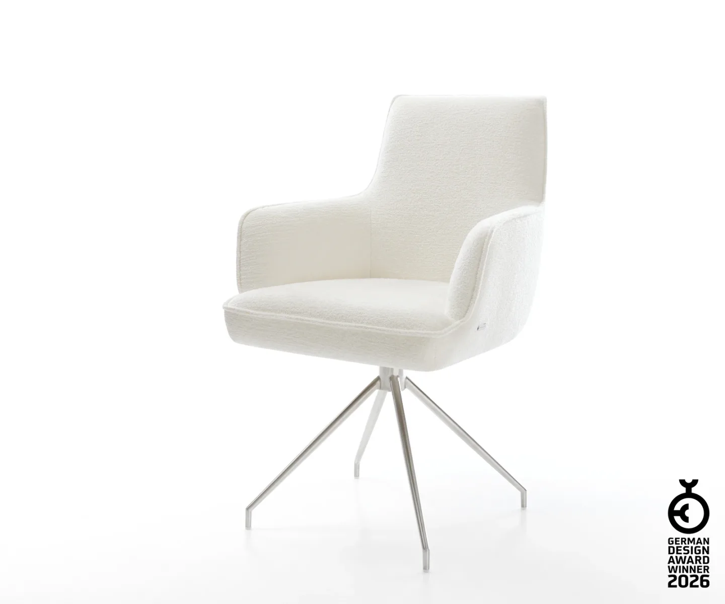 Esszimmerstuhl Heira-Flex mit Armlehnen Bouclé Soft Beige Kreuzgestell konisch Edelstahl Taschenfederkern