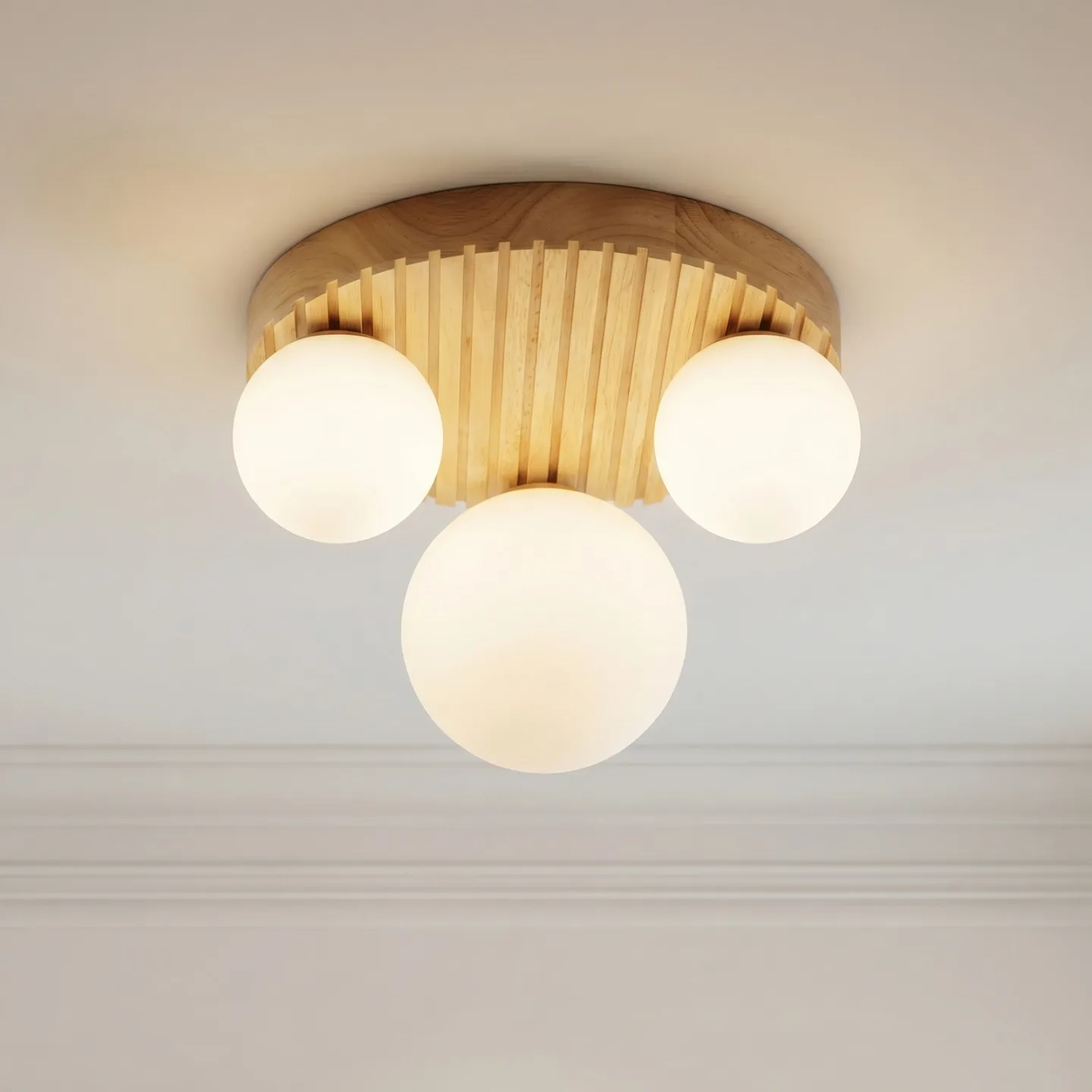 Mori Deckenleuchte, Holz, Glas, natur/weiß, 3 x G9, Ø 34 cm - Lindby - Wohnzimmer - Modern - Mehrflammig