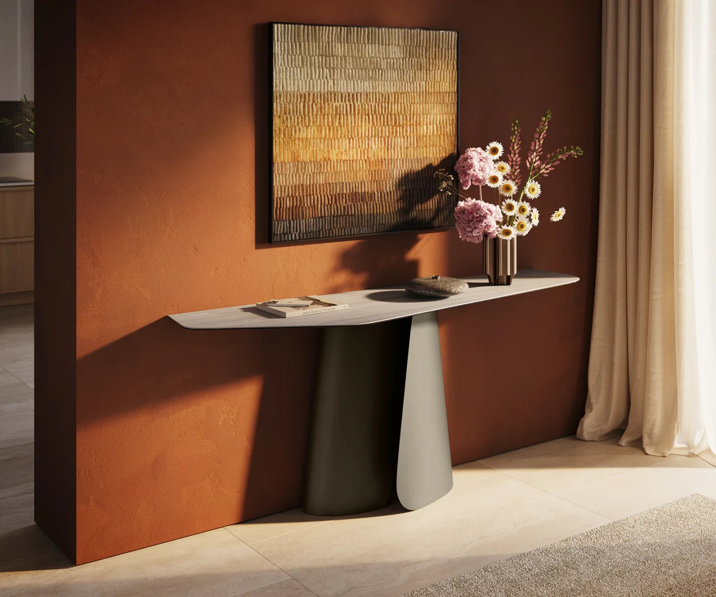 Konsolentisch Edge Polygonal 180x50 cm Keramik Laminam® Travertino Bianco Creme-Weiß Livos Metall Effektfinish Titan