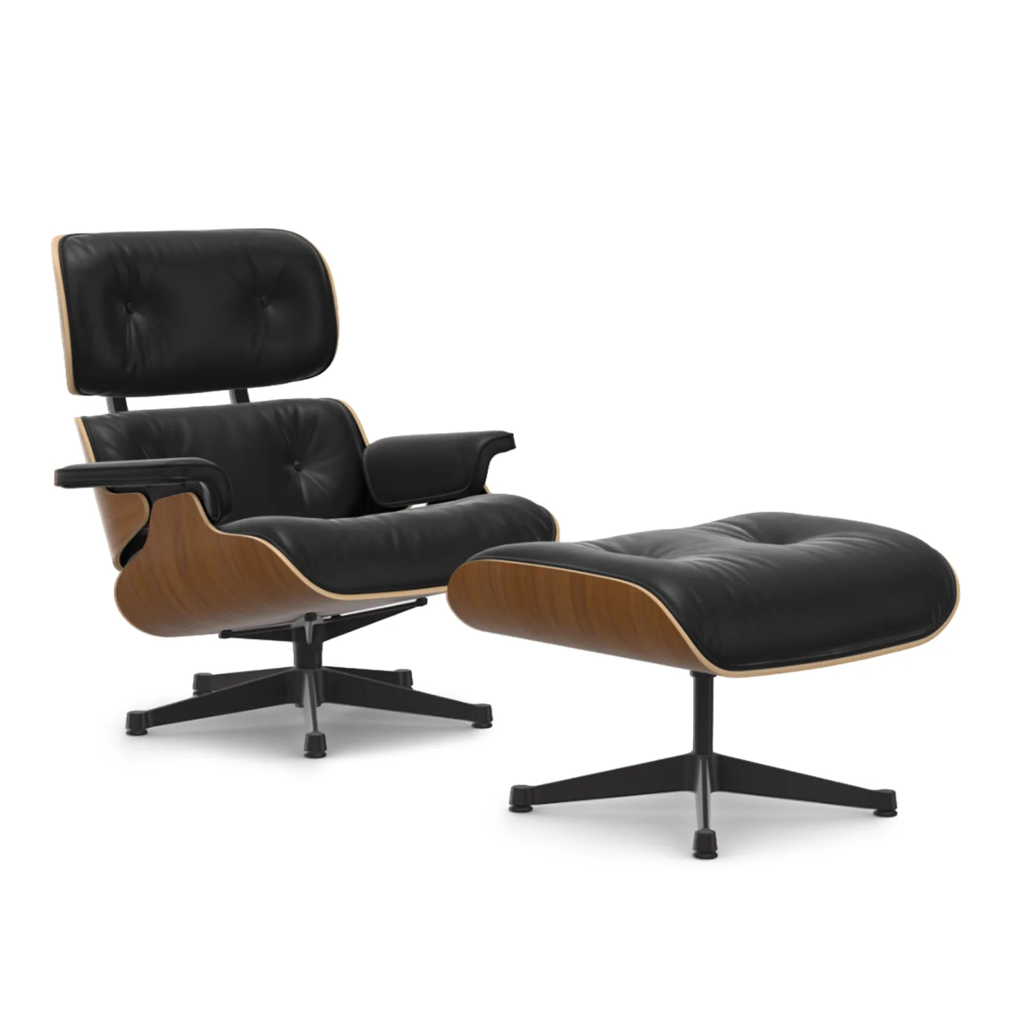 Vitra - Eames Lounge Set Natural Walnut Leather Natural Nero 66 Deep Black - Fåtöljer - Charles & Ray Eames - Svart