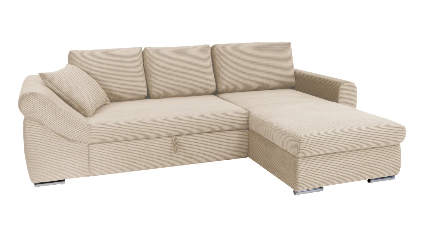 Ecksofa Schlaffunktion Bettkasten creme Cord 261 cm - RAMONA