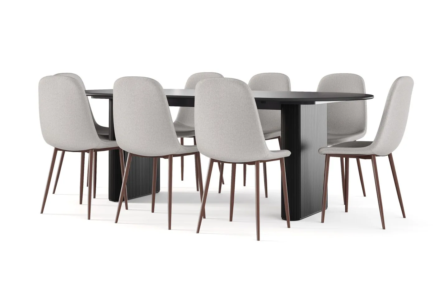 Noira Ovalt Matbord 220 cm Svart + 8 st Nibe stol beige med valnöt ben - Svart/Beige