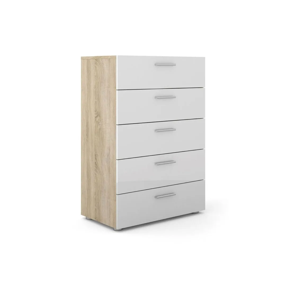 Petra Kommode 5 Schubladen Eiche Struktur Dekor und weiss Hochglanz.