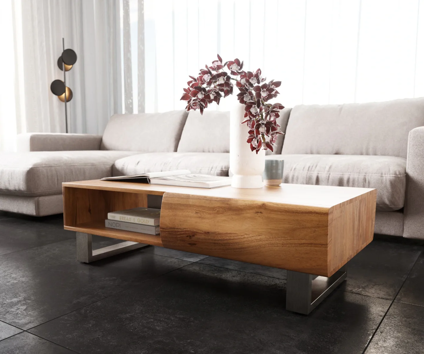 Couchtisch New Live-Edge 115x60 cm Akazie Natur 2 Schubladen 1 Fach Kufe Edelstahl gebürstet