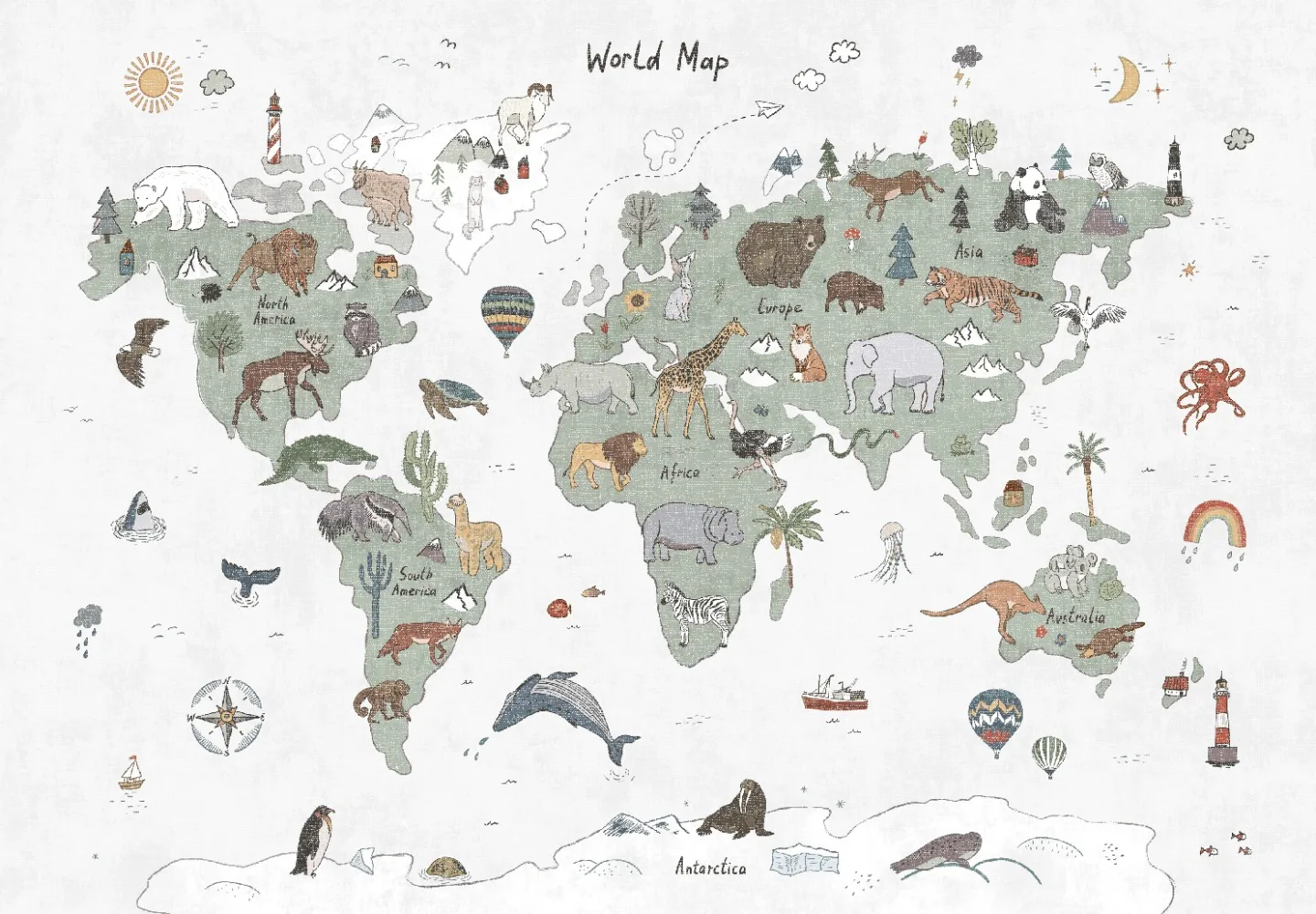 Barneteppe - Kids World Map (grønn) (Størrelse: 120 x 170 cm)