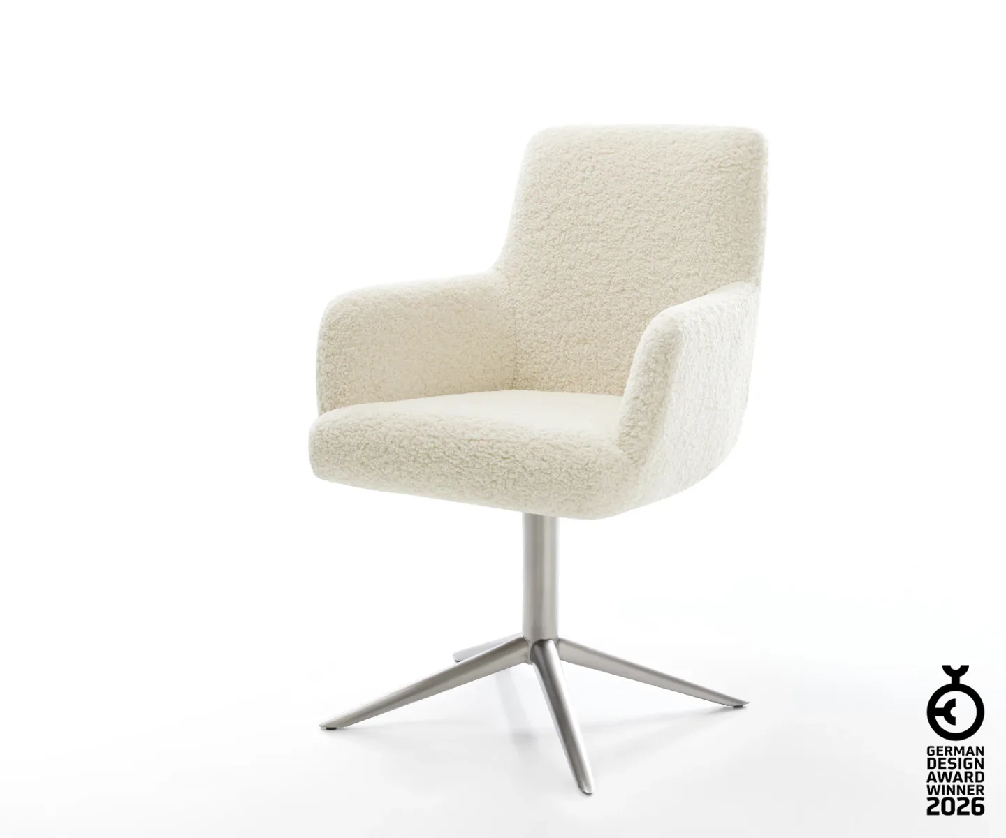 Drehstuhl Heira-Flex mit Armlehnen Teddystoff Beige Fußkreuz Edelstahl 360° drehbar Wippfunktion Taschenfederkern