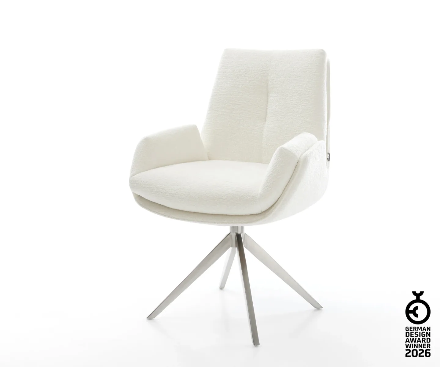 Drehstuhl Clea-Flex Bouclé Soft Beige Kreuzgestell breit Edelstahl 360° drehbar Wippfunktion