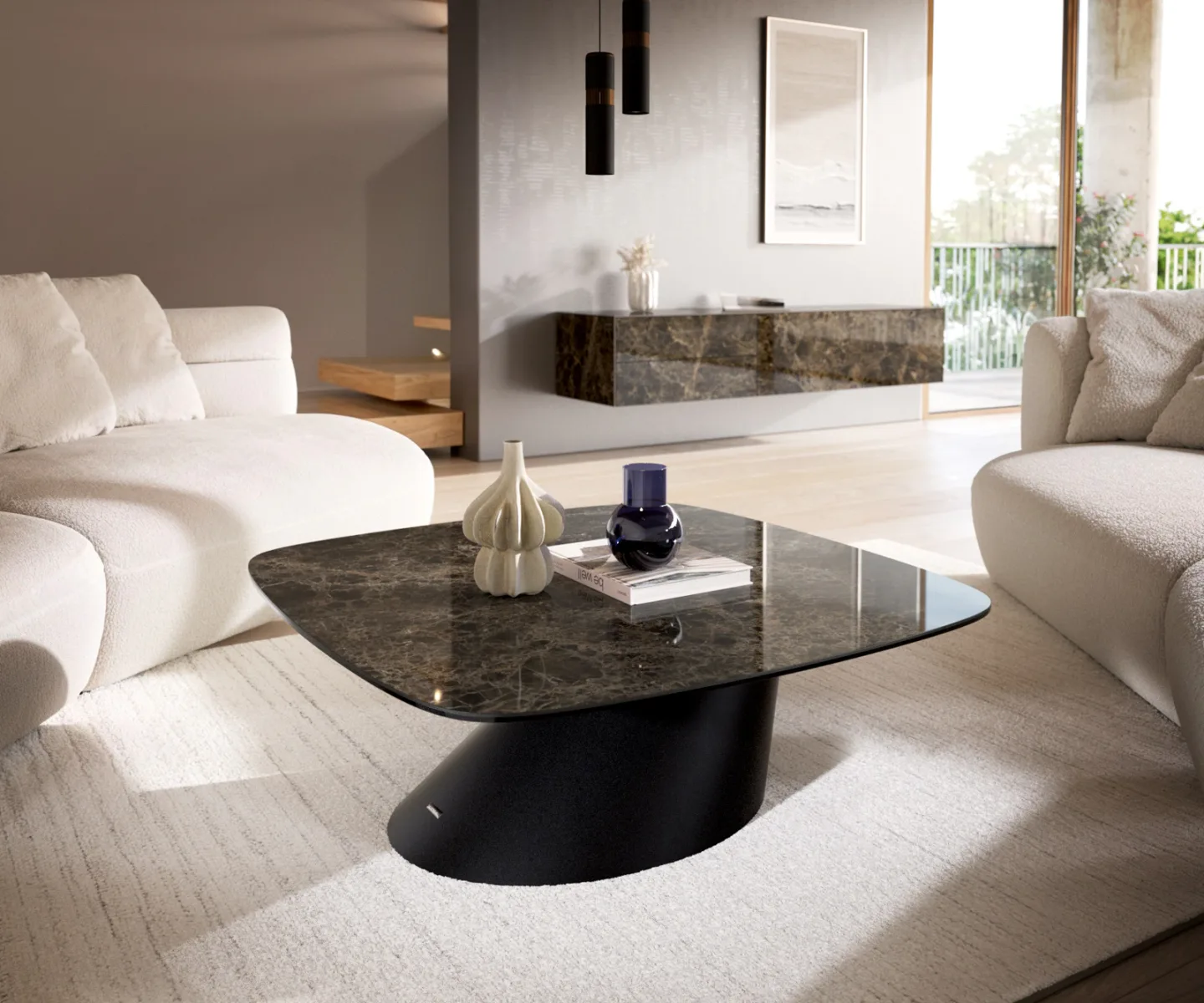 Couchtisch Edge Boot 90x90 cm Keramik Emperador Extra Lucidato Dunkelbraun Conis Metall Schwarz
