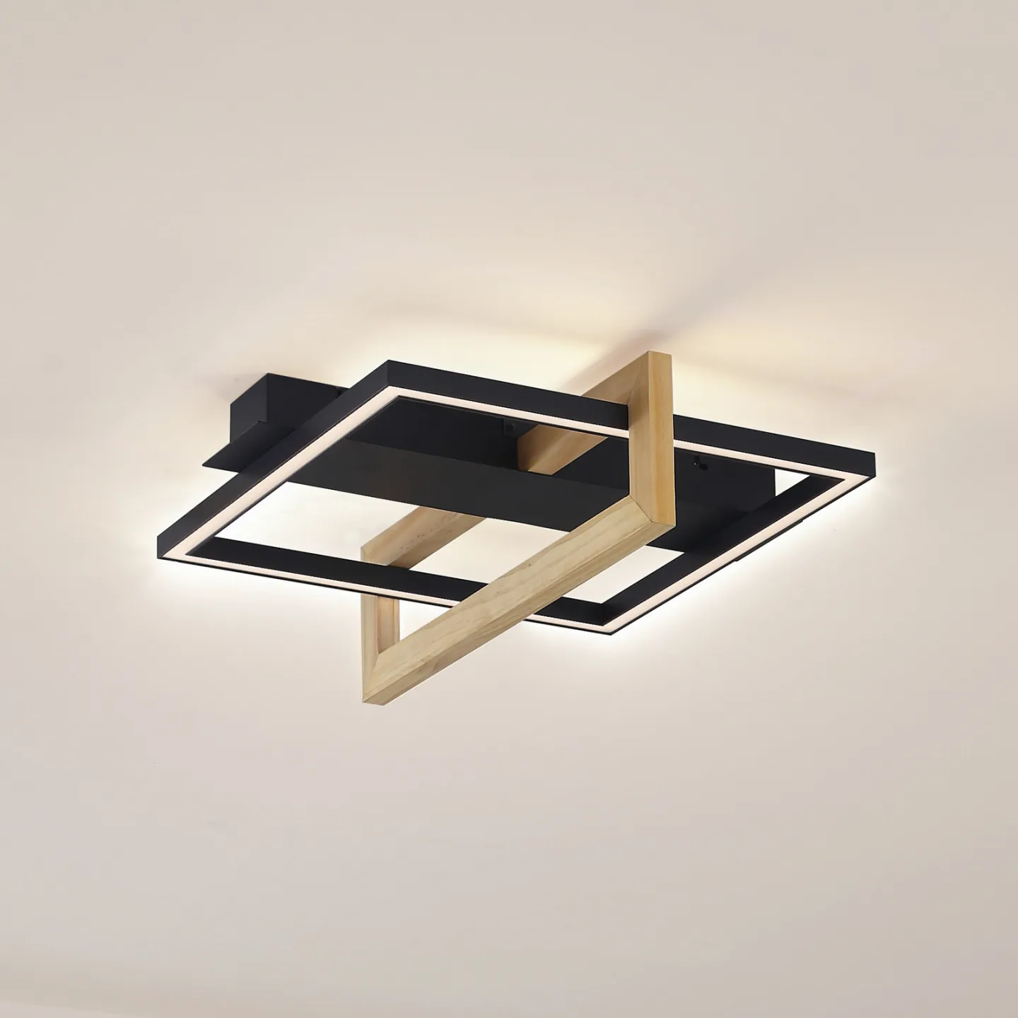 Lindby LED-Deckenleuchte Holamu, 46cm, schwarz, Holz, Metall - Wohnzimmer - Modern - Aluminium - Eckig