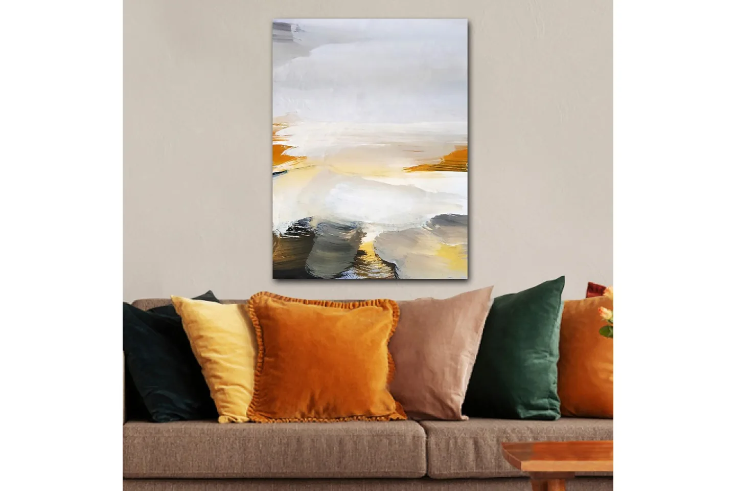 Canvastavla 70x100 cm - Abstrakt landskap med mjuka färgövergångar och ljusa toner - Grå / Vit / Gul