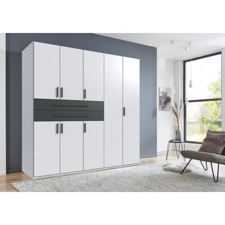 Kleiderschrank Stride Weiß, Rahmen + Abs. Grafit - Griffe Grafit Mischholz B 225 cm