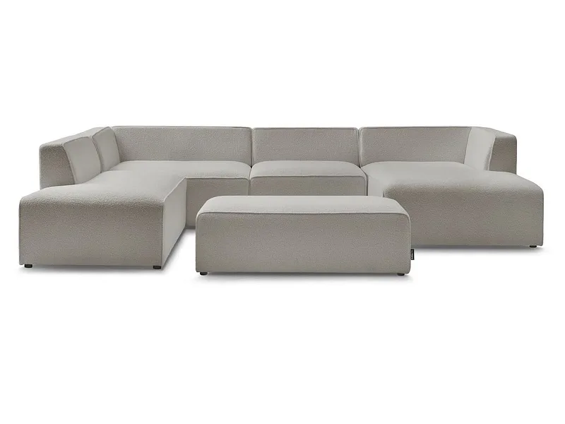 Panorama-Ecksofa mit Hocker BOBOCHIC MEGEVE Boucle-Stoff hellgrau