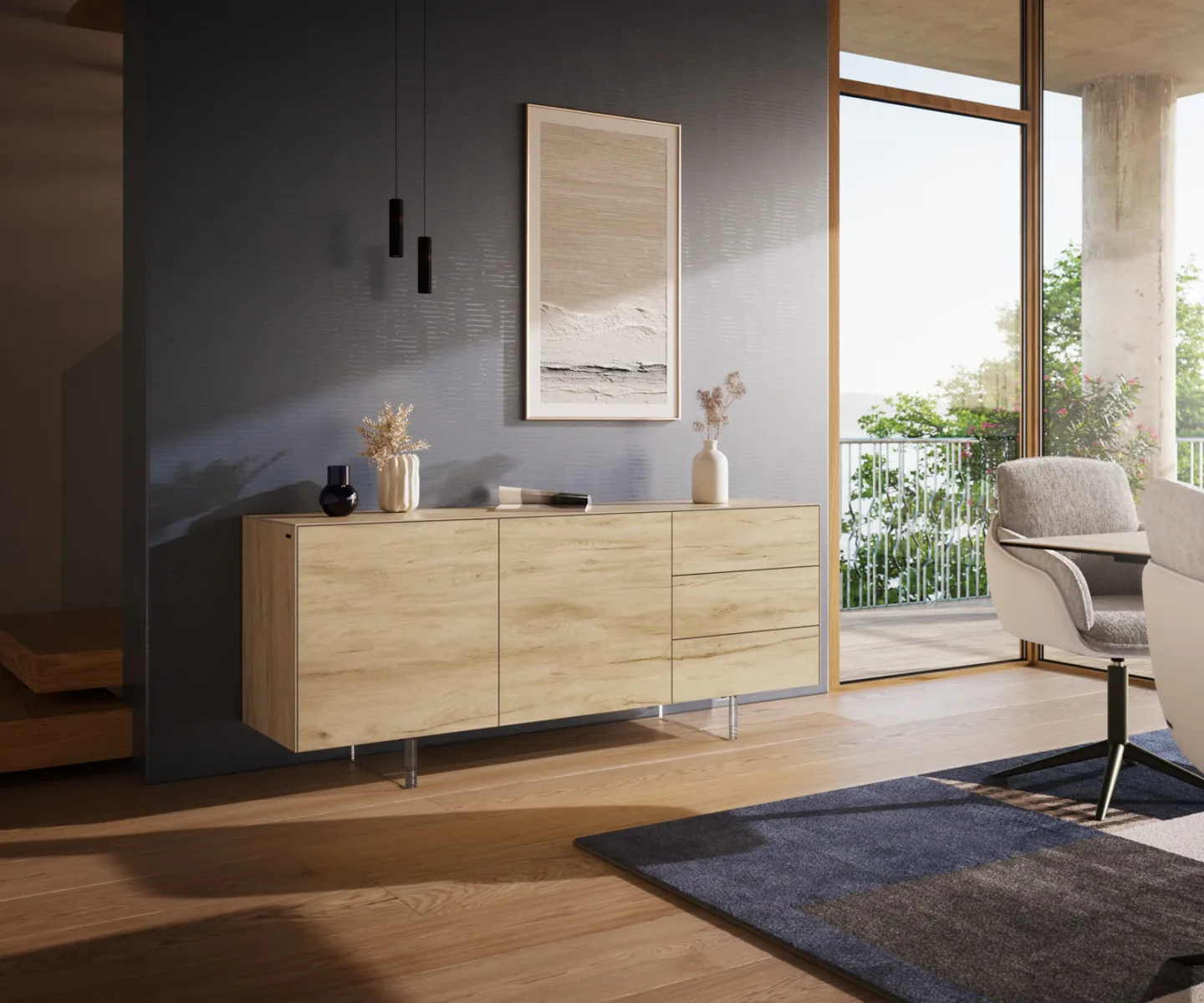 Sideboard Cuor 180 cm Keramik Laminam® Sabbia Eichefarbig 2 Türen 3 Schubfächer Fuß Schwebeoptik Acrylglas