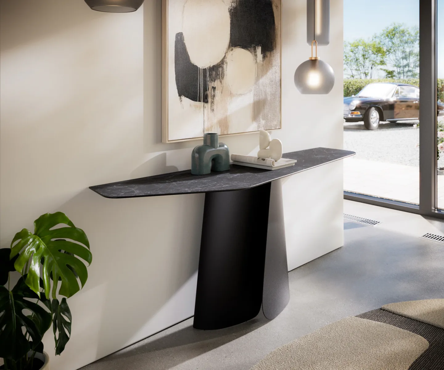 Konsolentisch Edge Polygonal 180x50 cm Keramik Laminam® Nero Greco Anthrazit Livos Metall Schwarz