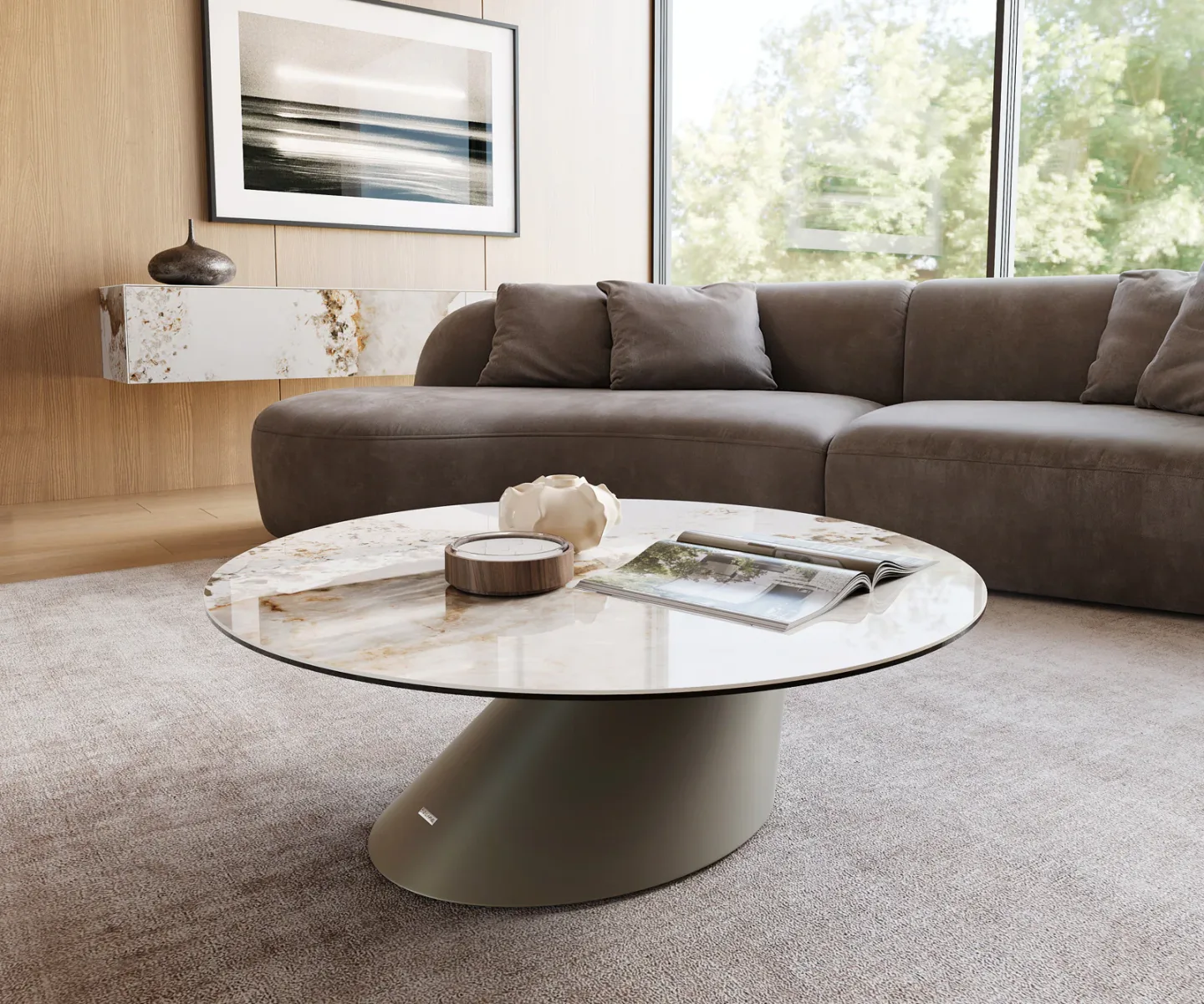 Couchtisch Edge Rund 100x100 cm Keramik Minas Melange Conis Metall Effektfinish Titan