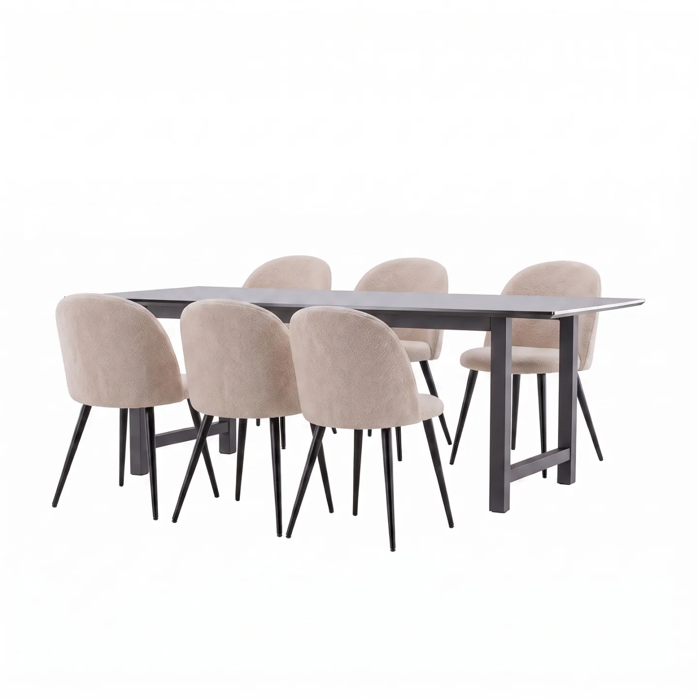 Oslo Essgruppe Esstisch 100x220 cm schwarz und 6 Skagen-Stühle Bouclé beige.
