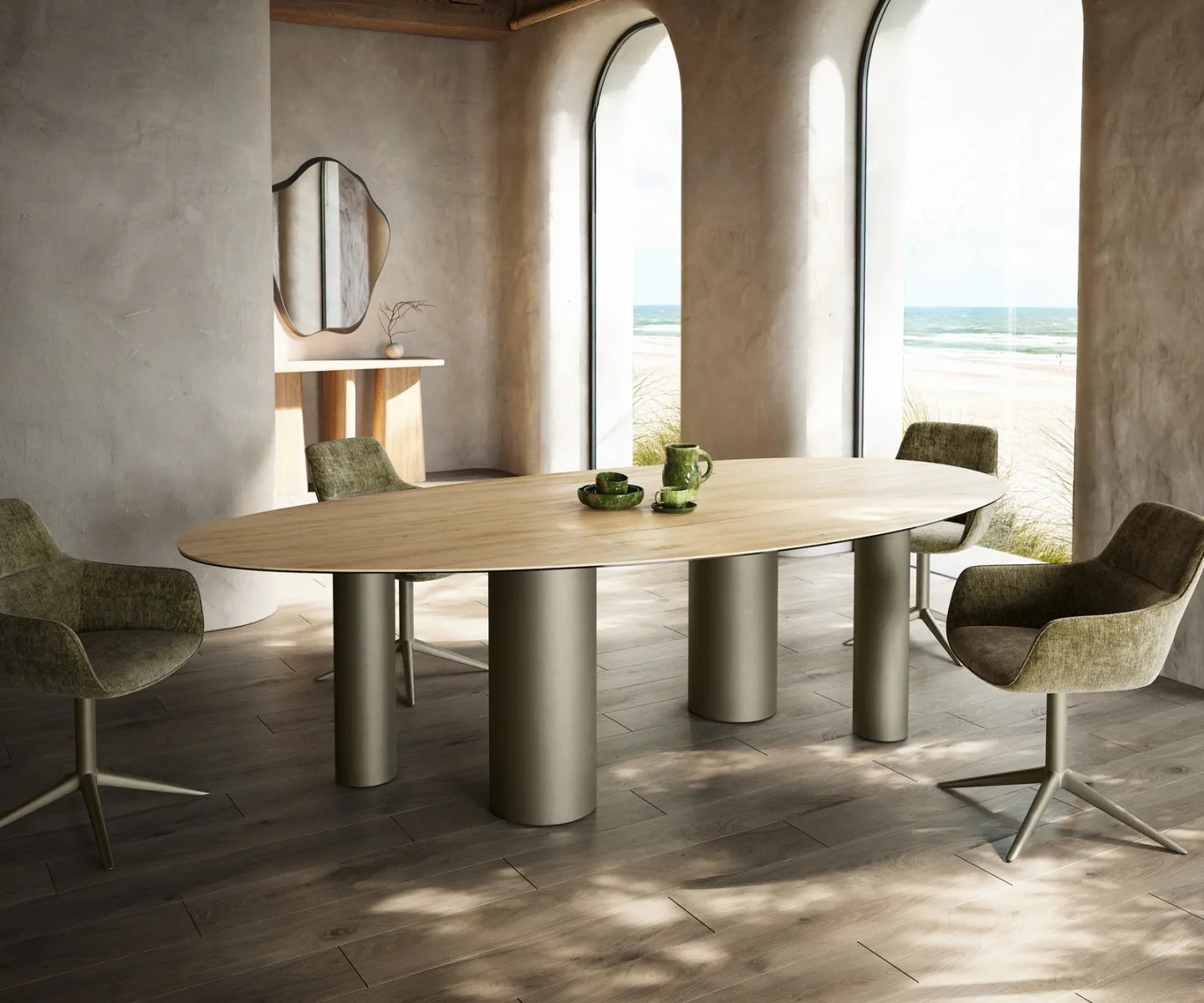 Esstisch Edge Oval 280x130 Keramik Laminam® Sabbia Eichefarbig Pilier Metall Effektfinish Titan