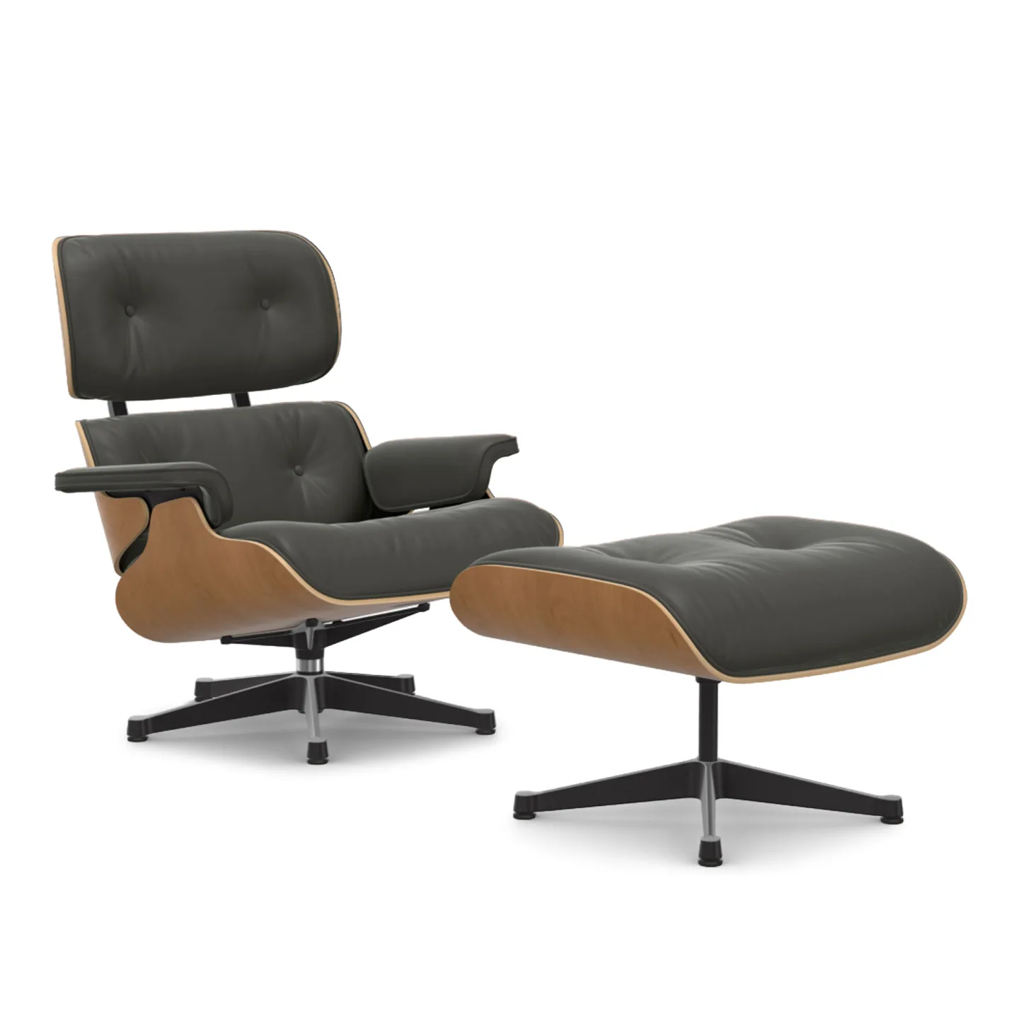 Vitra - Eames Lounge Set Cherry Leather Premium Umber Grey 61 Polished Aluminium/Deep Black - Fåtöljer - Charles & Ray Eames - Grå