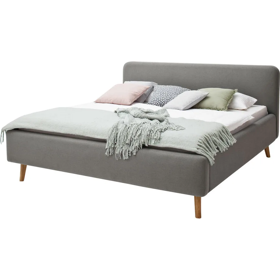 Bett Senja Hellgrau, Natur Stoff, Eiche Massivholz 160 x 200 cm