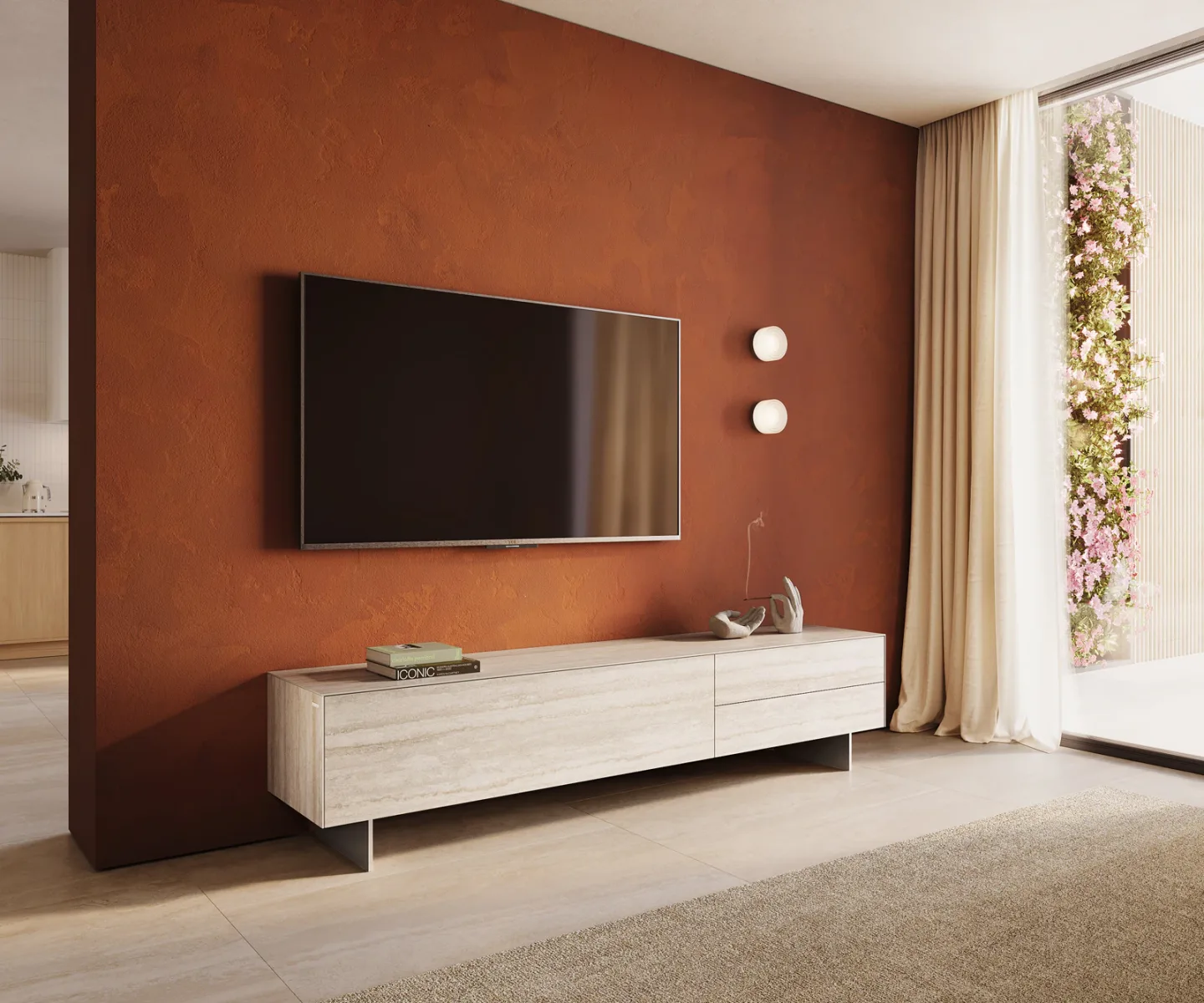 Lowboard Cuor 220 cm Keramik Laminam® Travertino Bianco Creme-Weiß 1 Klappe 2 Schubfächer Fuß Schwebeoptik Edelstahl
