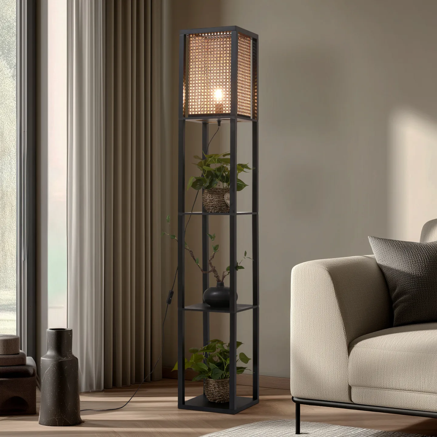 Birta golvlampa, svart/natur, hylla, rotting - Lindby - Vardagsrum - Modern - Trä - Vinklad