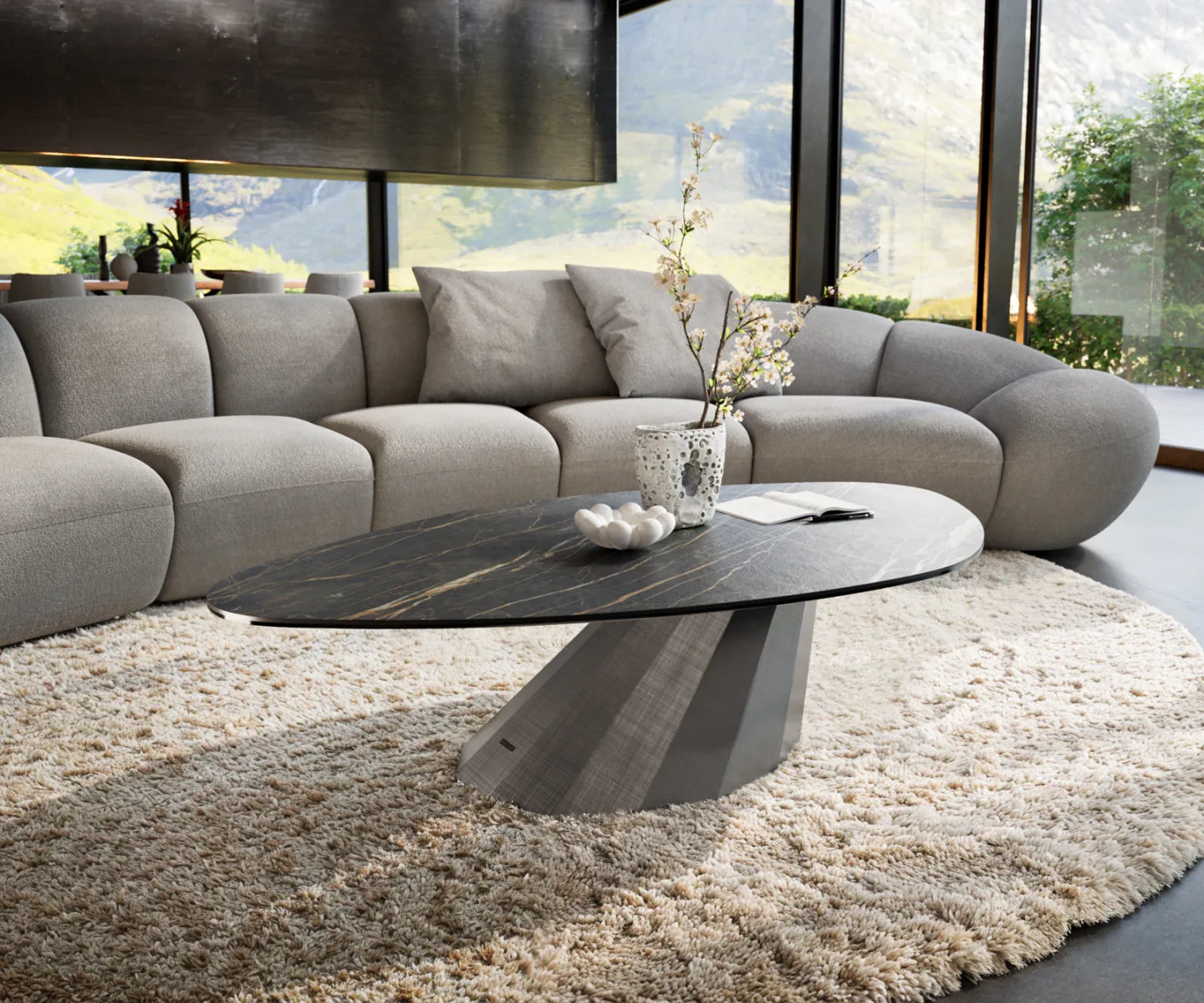 Couchtisch Edge Organisch 140x76 cm Keramik Laminam® Noir Desir Braun Parabi Metallic Silber