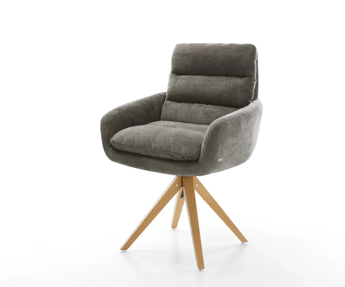 Drehstuhl Abelia-Flex mit Armlehnen Bouclé Soft Schlamm Holzgestell kantig Natur 360° drehbar