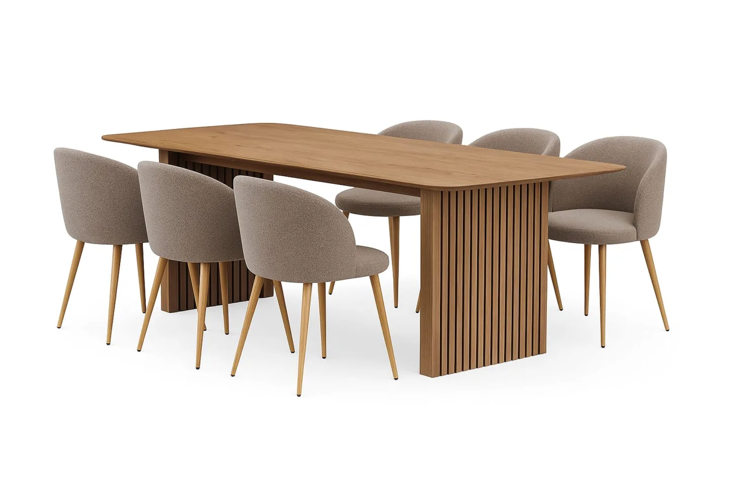 Richeto Matbord 240 cm med 6 Greya Matstolar med armstöd - Naturlig finish / Greige Bouclé / Metallben Ek