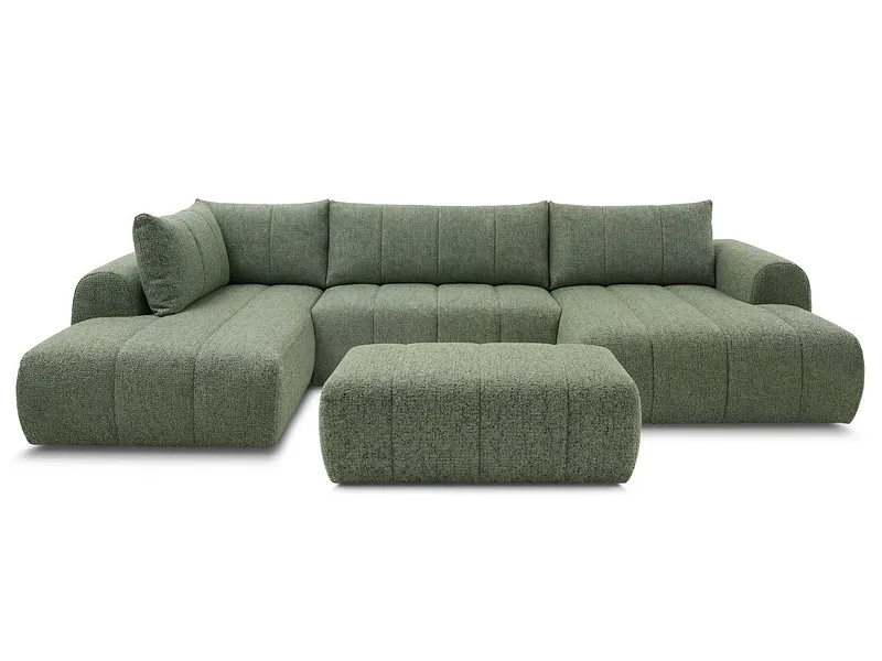 Panorama-Ecksofa mit Hocker BOBOCHIC NESTY Stoff chiniert hellgrün
