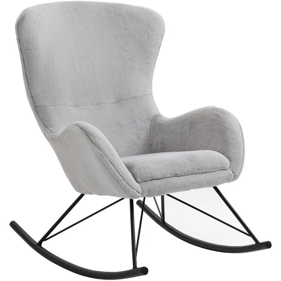 Schaukelstuhl Swing Hellgrau, Schwarz Lammfell Optik, Metall B 70 T 94 H 102 cm