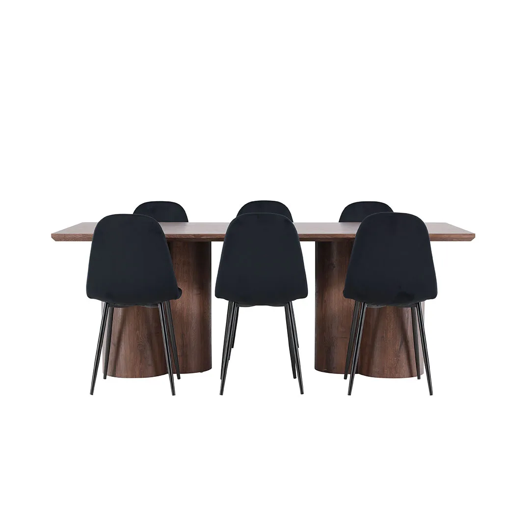 Olivia Essgruppe Tisch 100x210cm und 6 Velours Stühle mocca.
