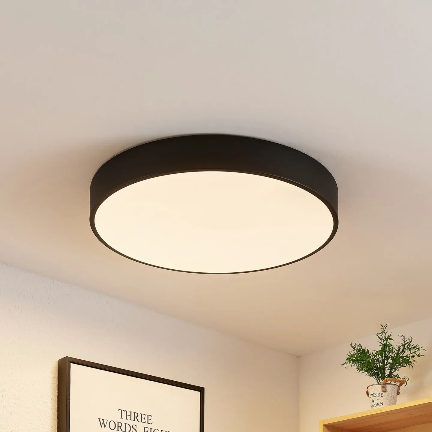 Lindby LED-Deckenleuchte Simera, Ø 50cm, schwarz, dimmbar - Wohnzimmer - Modern - Kunststoff - Rund
