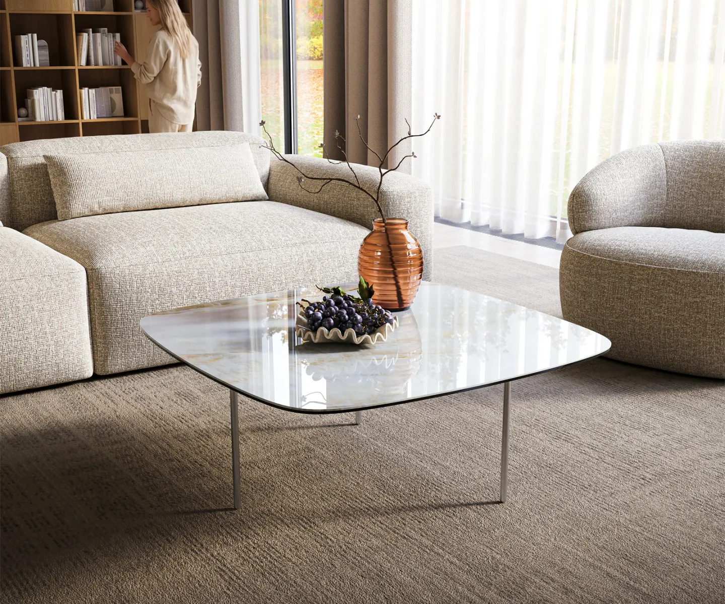 Couchtisch Edge Boot 90x90 cm Keramik Onyx Pearl Trive Edelstahl gebürstet