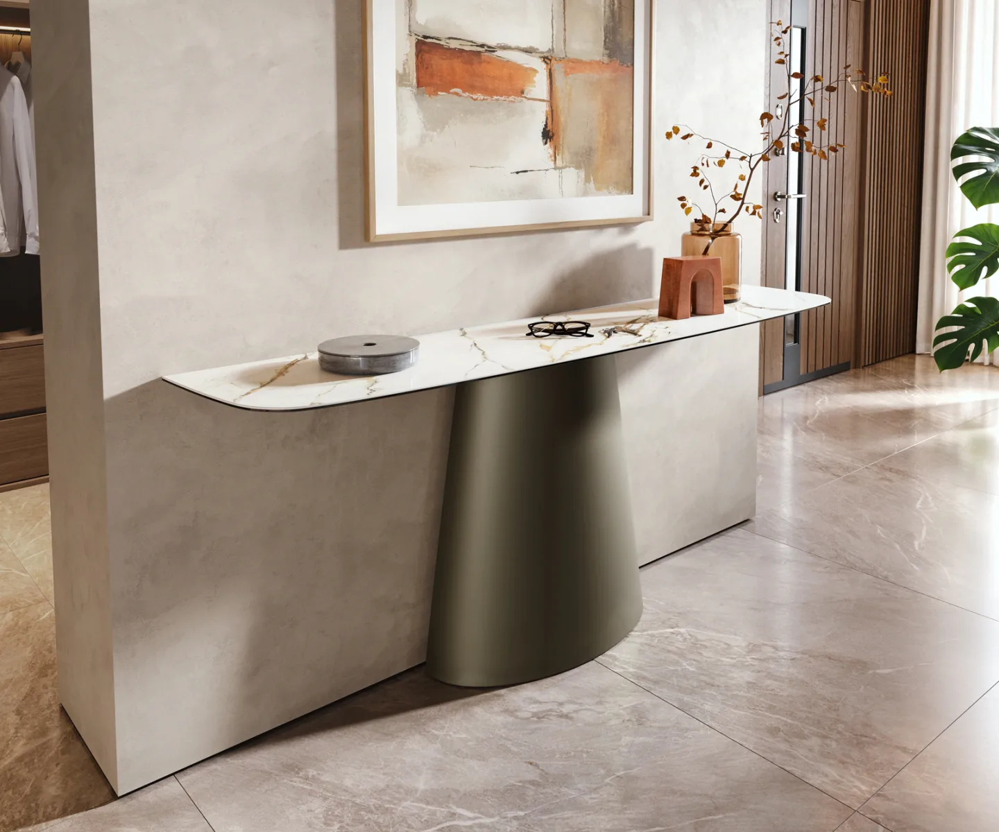 Konsolentisch Edge Boot 180x40 cm Keramik Calacatta Luxe Weiß-Gold-Grau Conos Metall Effektfinish Titan
