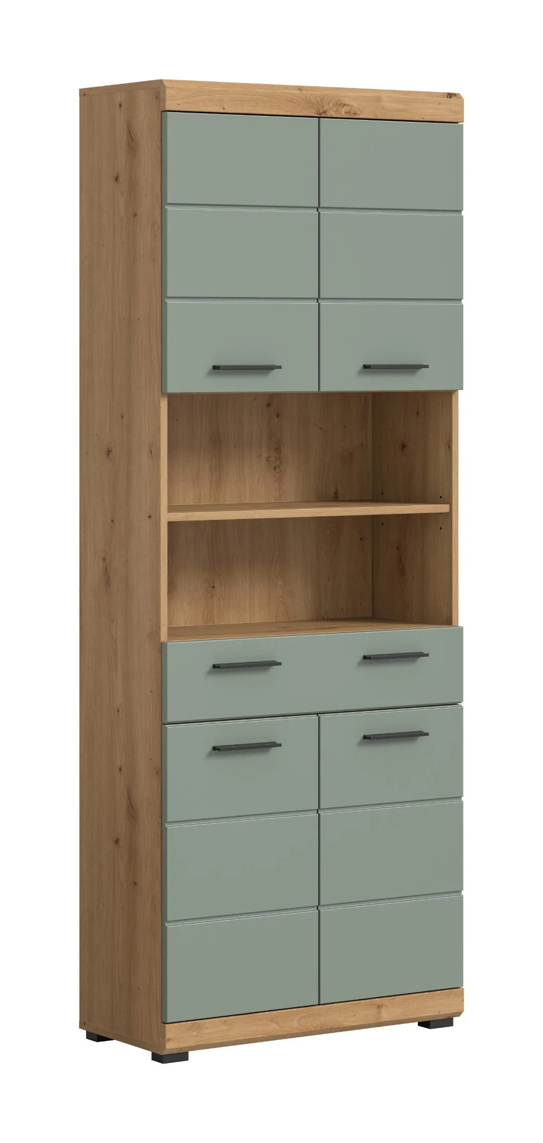 Scout Hochschrank Bad 4 Türen, 1 Schublade, 2 Regale Salbeidekor, Eiche Dekor.