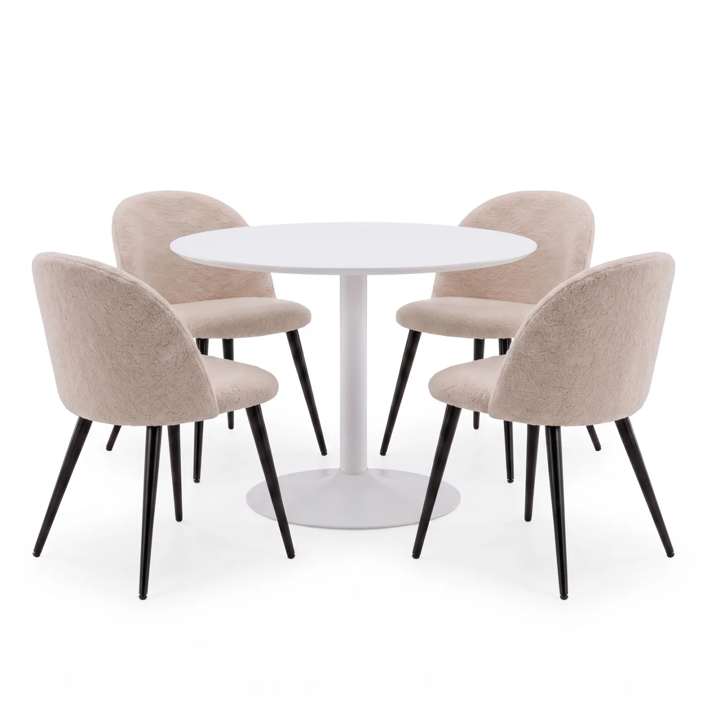Carry Essgruppe Tisch Ø110 cm, 4 Bouclé-Stühle beige.