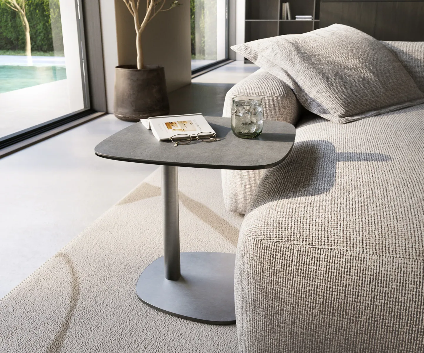 Beistelltisch Edge Boot 50x50 cm Keramik Beton Grau Eleny Edelstahl gebürstet