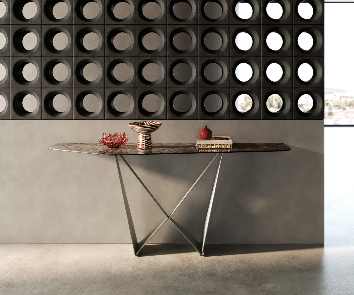 Konsolentisch Edge Polygonal 180x50 cm Keramik Emperador Extra Lucidato Dunkelbraun Spios Metall Effektfinish Titan
