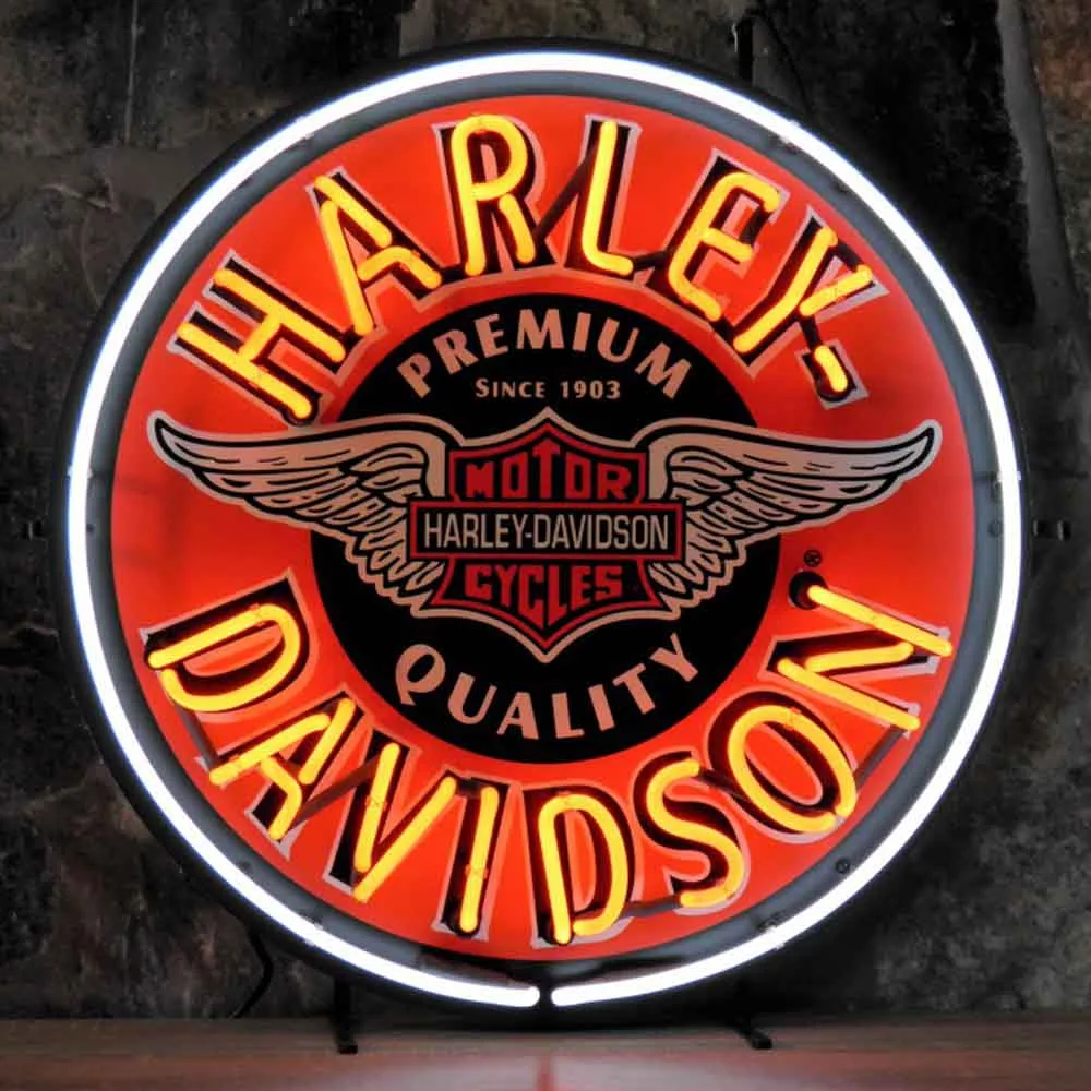 Neonskylt Harley Davidson Round med bakgrund