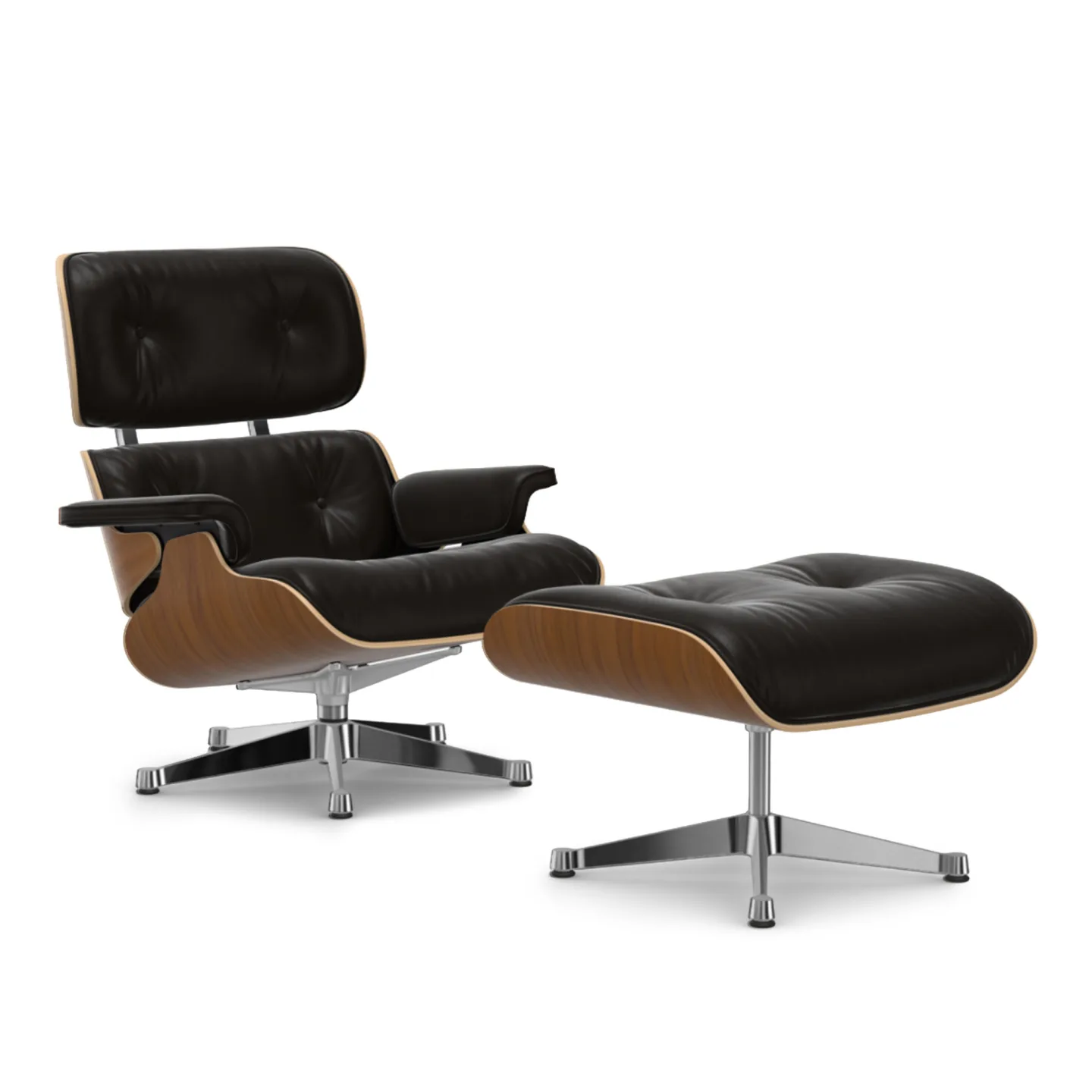 Vitra - Eames Lounge Set Natural Walnut Leather Natural Chocolate 68 Polished Aluminium - Fåtöljer - Charles & Ray Eames - Brun
