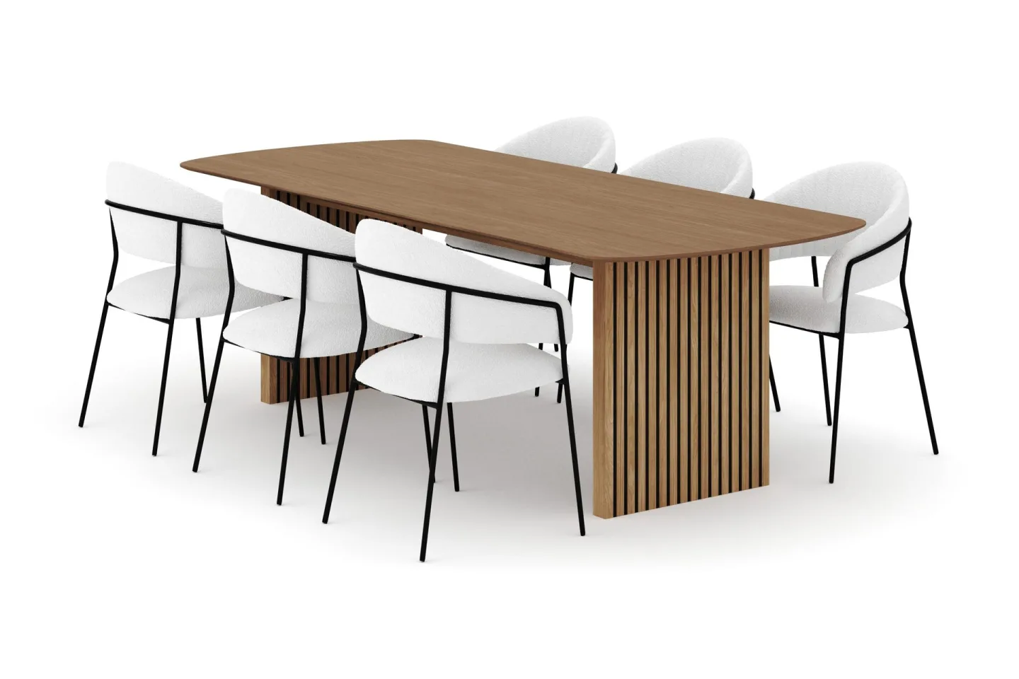 Richeto Matbord 240 cm med 6 Karol Matstolar - Naturlig finish / Vit Bouclé