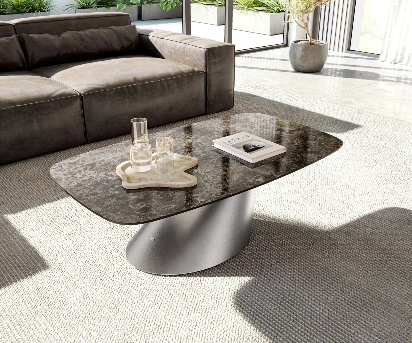 Couchtisch Edge Boot 120x70 cm Keramik Emperador Extra Lucidato Dunkelbraun Conis Edelstahl gebürstet