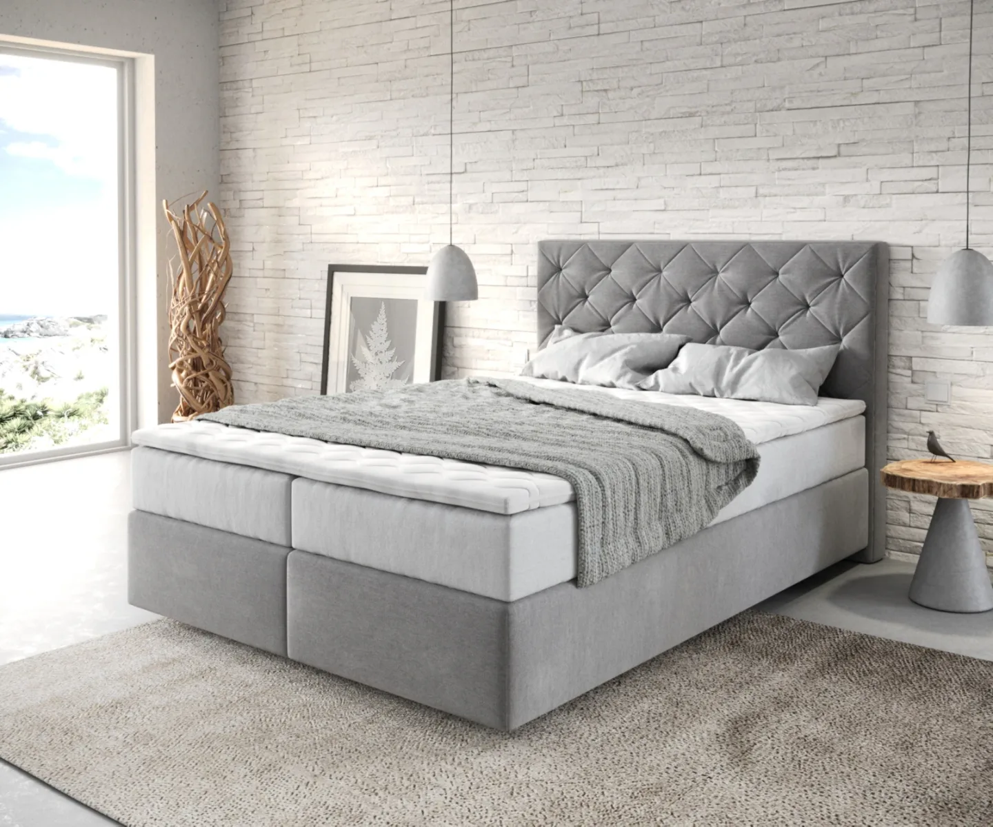 Boxspringbett Dream-Great 140x200 cm Mikrofaser Grau mit TFK Matratze und Visco Topper