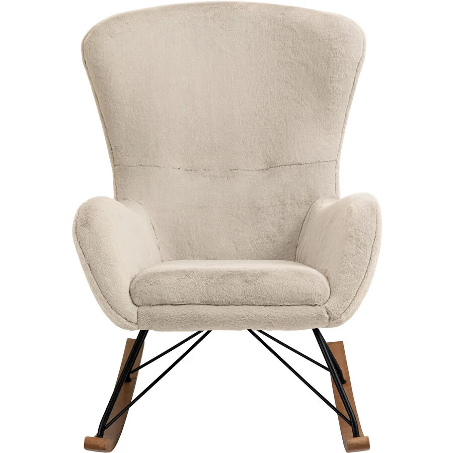Schaukelstuhl Swing Beige, Schwarz, Natur Lammfell Optik, Metall, Eichenholz B 70 T 94 H 102 cm