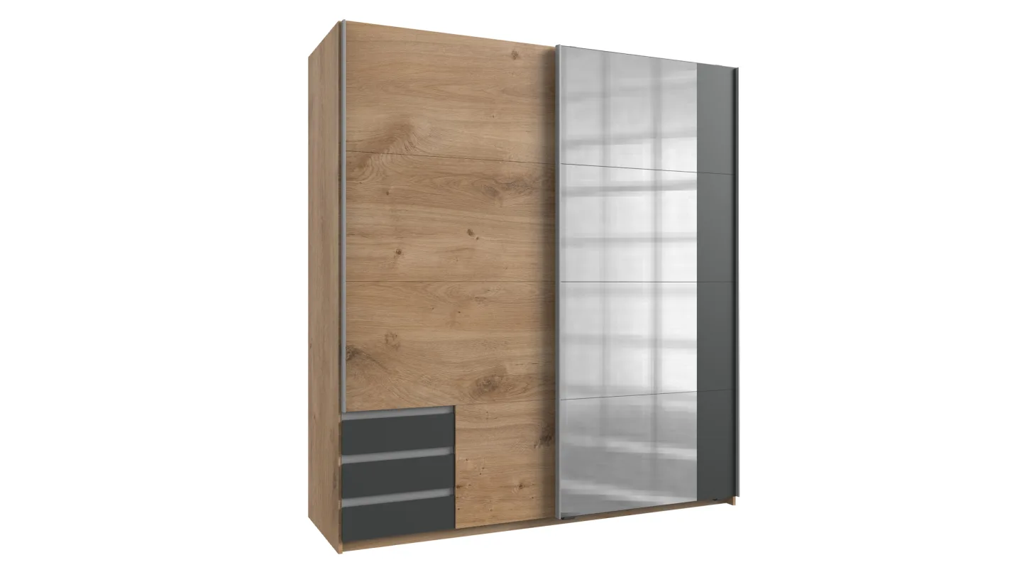 Schwebetürenschrank mit Spiegel Plankeneiche - graphit 180 cm - EMDEN